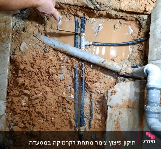 יד מחזיקה כלי עבודה ליד צינורות מים באדמה